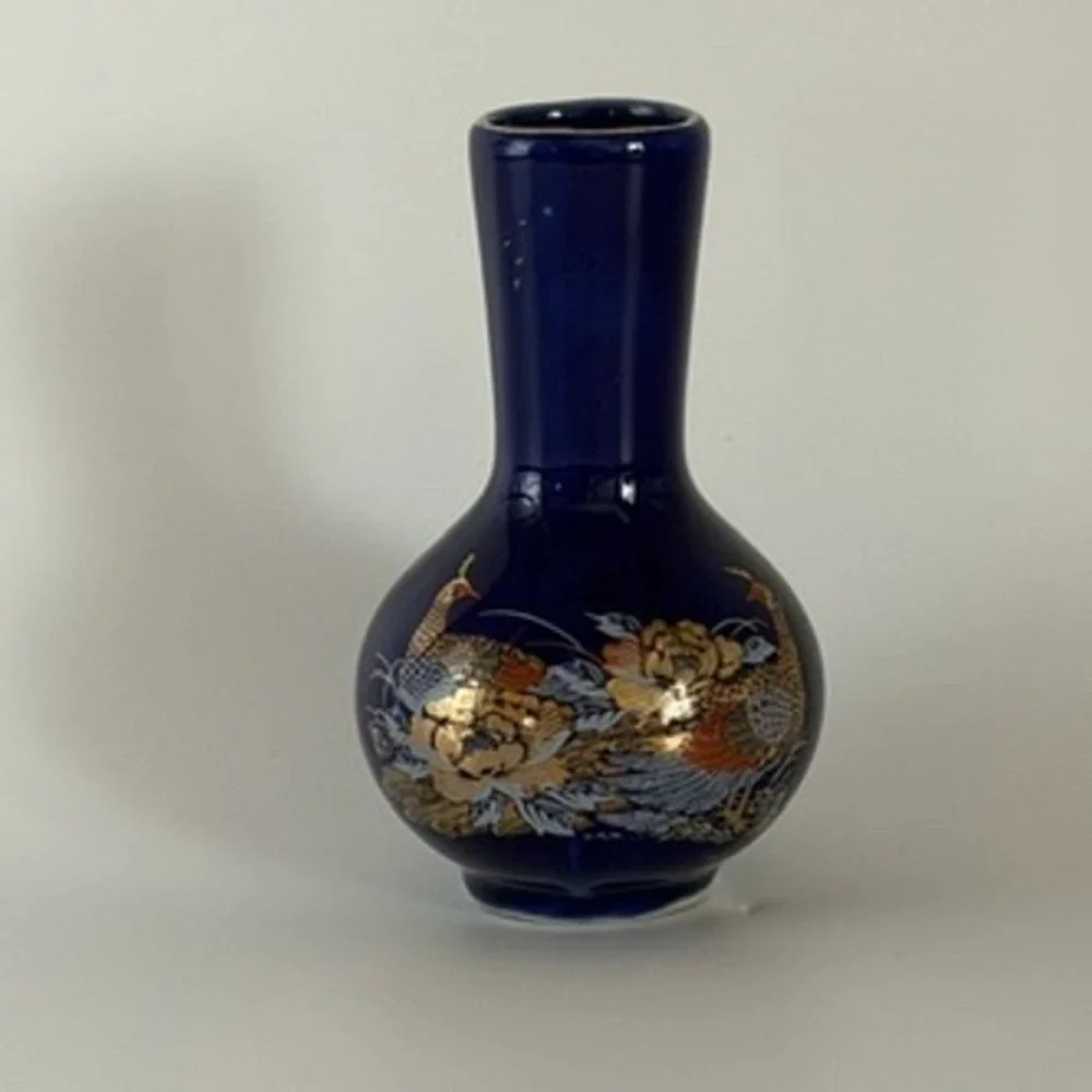Vintage Blue Ceramic Vase‎ Peacock Floral Gold Detail Small Accent